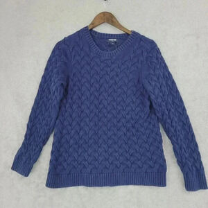 Lands End Blue Cable Knit Prepy Sweater Women L Cotton Crew Neck 1PT